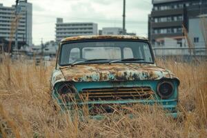 Rusted vintage pickup truck in tall grass. photo