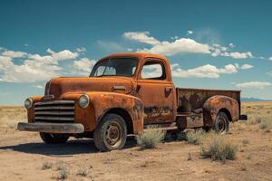 Rusted vintage pickup truck in a desert landscape. photo