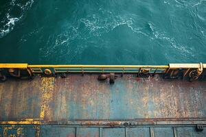 Rusty ship deck overlooking turquoise ocean. photo