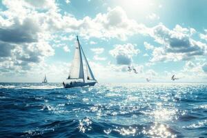 Sailboat on the Ocean with Sunny Sky and Birds. photo