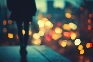Silhouette of a person walking towards city lights. photo