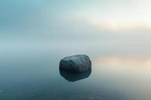 Single rock in still water with fog and reflection. photo