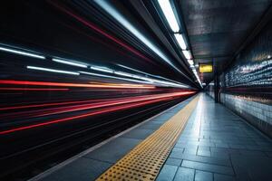 Subway train with light trails speeding through a station platform. photo
