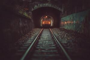 Train approaching in a dark tunnel. photo