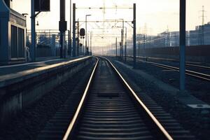 Train tracks vanishing into the horizon at dusk. photo