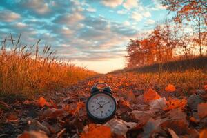 Vintage alarm clock on a path in the autumn forest. photo