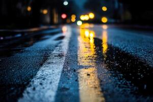 Rainy night street with wet road and street lights photo