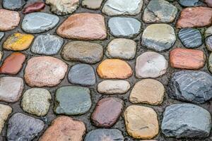 Wet cobblestone path with colorful stones. photo