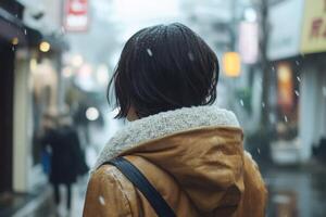 Woman walking in the snow in a Japanese city. photo