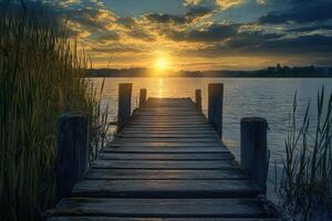 Wooden pier extending into a tranquil lake at sunset. photo