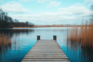 Wooden pier extending over a calm lake with a forest in the background. photo