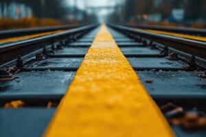 Yellow line on a railroad track vanishing into the distance. photo