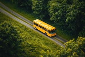Yellow school bus driving down a country road, seen from above. photo