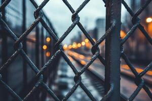 A close-up view of a chain-link fence with blurred city lights in the background. photo