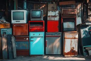 A pile of old appliances in a warehouse photo