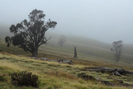 A foggy, green, grassy landscape with a single tree in the foreground and a few others scattered in the background, including a couple of tree stumps, making for a haunting and mysterious scene. photo