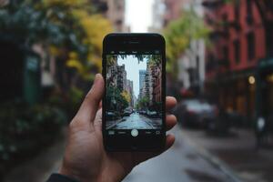 A hand holds a smartphone capturing a city street view. photo