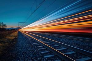 A high-speed train streaks across the countryside at dusk, leaving a colorful light trail. photo