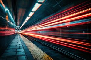 A high-speed train streaks through a subway tunnel, leaving a trail of light. photo