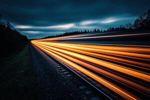 A high-speed train streaks through the countryside at dusk, leaving a trail of light. photo