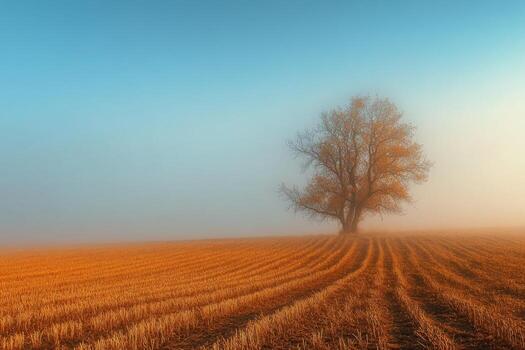 A lone tree stands in a field of golden wheat, with mist rising in the background. photo