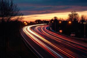 A long exposure of a road at dusk photo