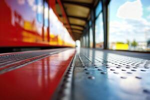A low angle view of a train platform with a red train in the background. photo