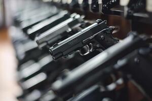 A row of handguns displayed in a gun shop. photo