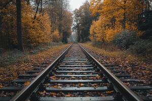 A single set of train tracks disappearing into the distance through a misty autumn forest. photo