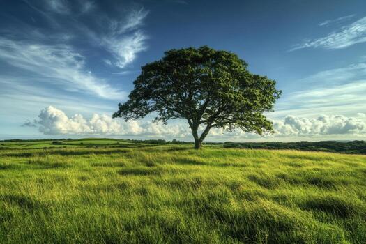 A single tree stands tall in a green field with a blue sky and white clouds in the background. photo