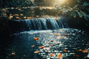 A small waterfall flows over rocks into a pond, with autumn leaves floating on the surface. photo