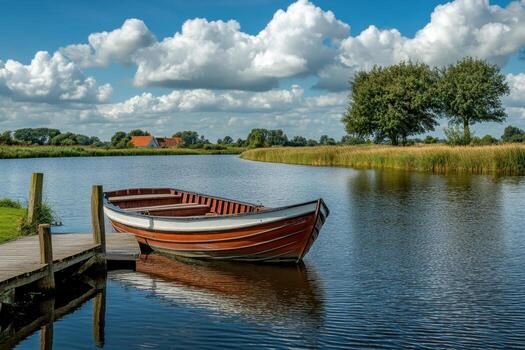 A small wooden boat is tied to a dock on a calm lake with a lush green tree and a clear blue sky. photo
