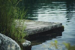 A small wooden dock extends into a calm, still lake, surrounded by green grasses and rocks. photo