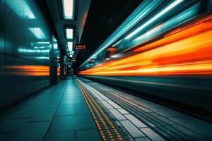 A subway train streaks through a station, leaving a trail of light. photo