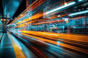 A train streaks through a modern city at night, leaving a trail of light. photo