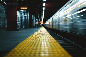 A train is moving through a station at night photo