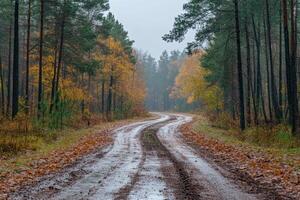A winding dirt road through an autumnal forest with fallen leaves and a misty atmosphere. photo