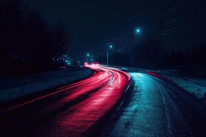 A long exposure photo of a road at night
