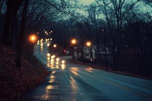 A wet road with trees and lights photo