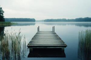 A dock on a lake surrounded by tall grass photo