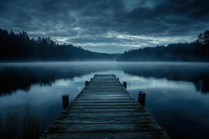 A wooden pier extends into a misty lake at dusk. photo