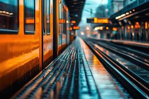 A yellow train stands at a station platform, the tracks glistening with rain. photo