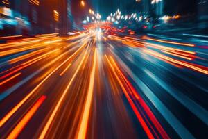 Abstract city lights streaking through the night sky, creating a sense of motion and speed. photo