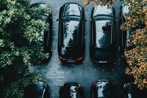 Aerial view of parked cars in a parking lot. photo