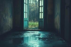 An open door in a dark room leads to a view of nature. photo