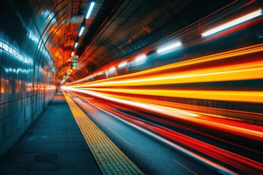 Blurred lights of a train speeding through a tunnel. photo