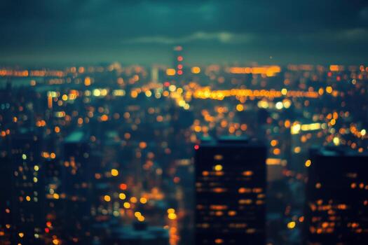 Blurred view of a city skyline at night. photo