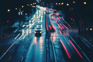 Blurred view of a wet city street at night with cars driving on the road. photo