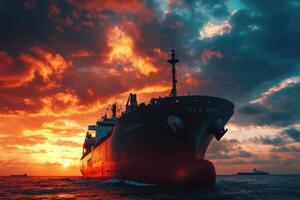 Cargo ship sailing at sunset with a fiery sky. photo