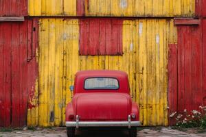 Classic red car parked in front of a colorful wooden barn. photo